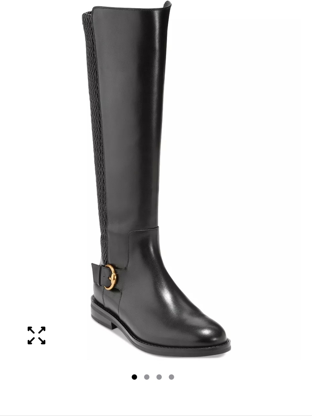 Cole Haan Clover Stretch Black Knee-High Leather Riding Boot with Gold Buckle